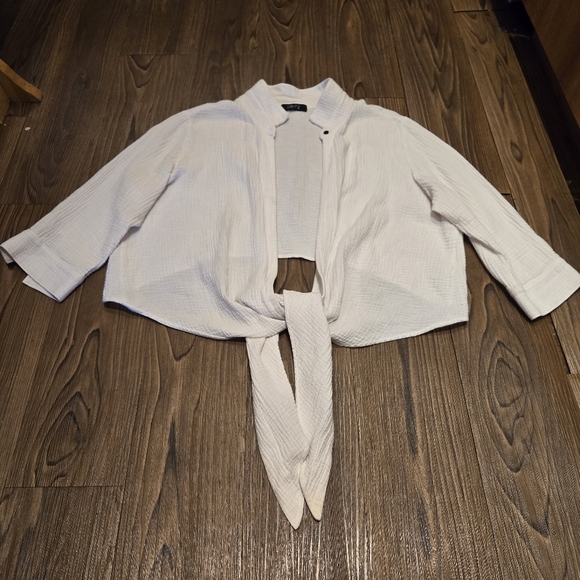 Comfy USA White Gauze Top Crepe Tie Front Blouse Vacation Beach Cotton Casual L - Picture 11 of 16